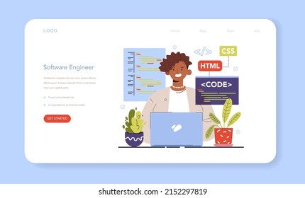 Diverse women in AI and STEM concept. Female character works with software. Idea of programming, coding, software development. Digital technology. Flat vector illustration