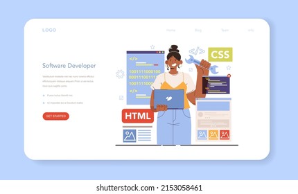 Diverse women in AI and STEM concept. Female character works with software. Software developing and writing code for digital product. Modern internet technology. Flat vector illustration