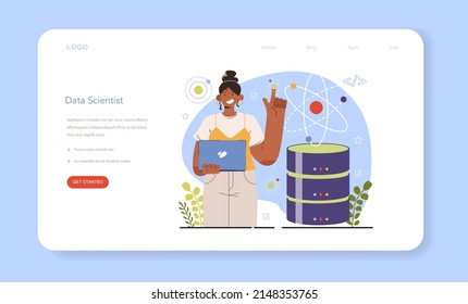 Diverse women in AI and STEM web banner or landing page. Female character works with big data. Mining and analyzing of digital information for business and technology development. Vector illustration