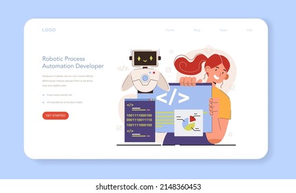 Banner web o página de inicio de diversas mujeres en IA y STEM. Desarrollador de automatización de procesos robótico. El personaje femenino trabaja con inteligencia artificial, aprendizaje automático y robótica. Ilustración del vector