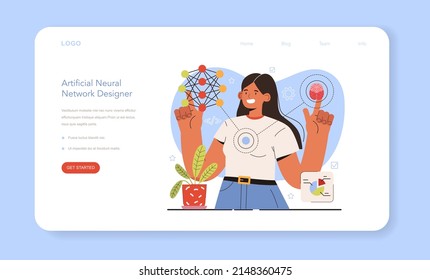 Diverse women in AI and STEM web banner or landing page. Artificial neural network designer. Female character works with big data, artificial intellegence. Flat vector illustration