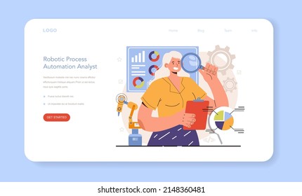 Diverse women in AI and STEM web banner or landing page. Robotic process automation analyst. Female character works with big data, machine learning and robotics. Flat vector illustration