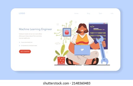 Diverse women in AI and STEM web banner or landing page. Female character works with artificial intellegence. Machine learning engineer. Futuristic technology and automation. Flat vector illustration