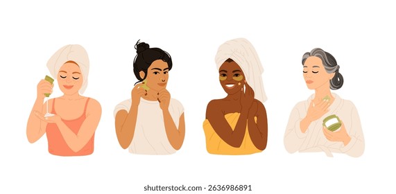Diverse women applying skincare products to face and neck self-care beauty routine with creams, serum, eye patches and massage tools inclusive facial treatment scene