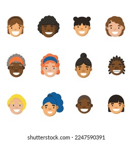 Diverse women avatar icon set. Vector flat illustration.