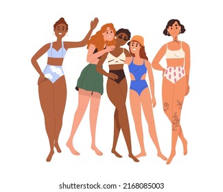 Diverse women in bikini. Different body-positive girls friends in swimsuits portrait. Diversity of beauty concept. Girlfriends standing together. Flat vector illustration isolated on white background