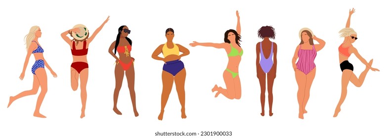 Diverse women in bikini set. Attractive girls with different body types, skin colors walking, jumping, standing, having fun on the beach. Vector realistic illustrations isolated on white background