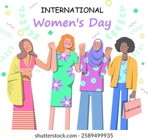 Diverse women celebrate International Women's Day. Vibrant illustration of unity, empowerment, and strength. Ideal for Women's Day themes.