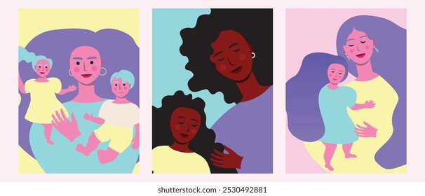 Diverse women with children as a concept of childhood and motherhood, flat vector stock illustration as a set