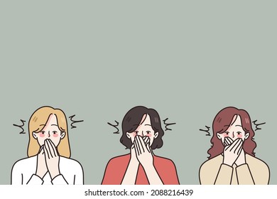 Diverse women cover mouth with hands scared to speak about gender discrimination. Terrified females feel afraid to share about domestic violence or harassment. Freedom of speech. Vector illustration. 