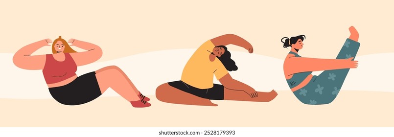 Diverse women with curvy body type doing fitness exercises. Set of body positive characters. Vector hand drawn illustration