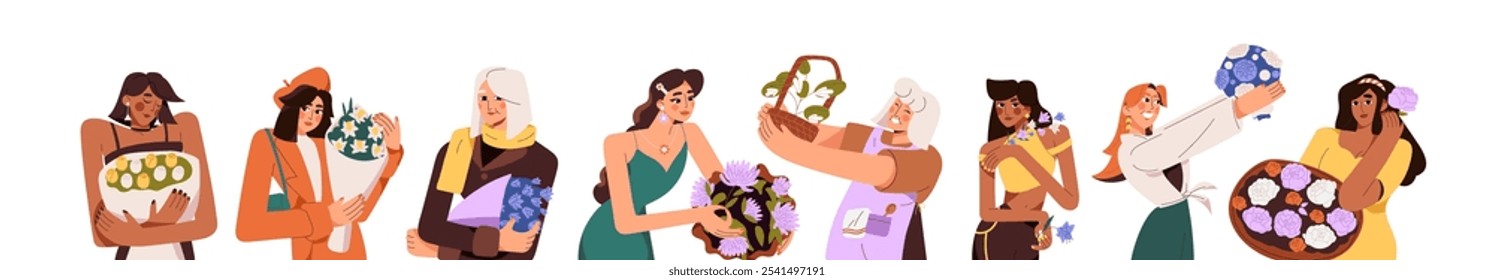 Diverse women with cut flowers set. Young girls and old ladies rejoice at gift bouquets, blossom bunches. Happy people hold bloom posies in hands. Flat isolated vector illustration no white background