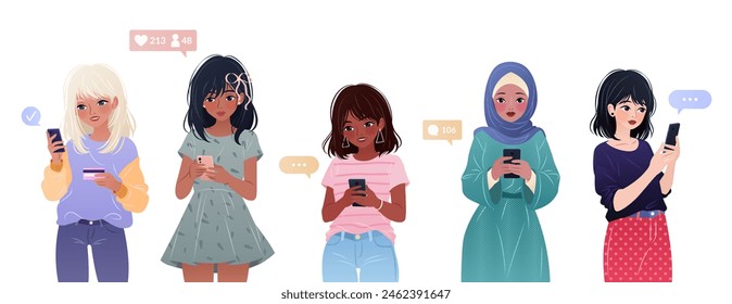 Diverse women of different ethnicities and nationalities using smartphones, surfing internet, chatting, shopping. Set of female characters, young adults holding gadgets. Isolated vector illustrations.