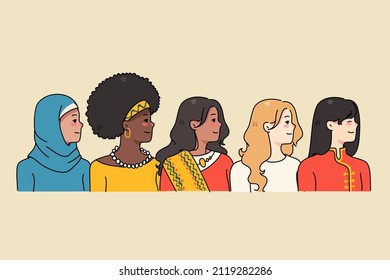 Diverse women of different nationalities in traditional clothes side profile view. Multiethnic females show world diversity and equality. Ethnicity concept. Feminist movement. Vector illustration. 