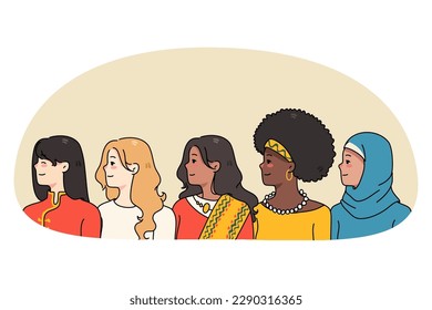 Diverse women of different nationalities in traditional clothes side profile view. Multiethnic females show world diversity and equality. Ethnicity concept. Feminist movement. Vector illustration.