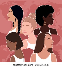 Diverse women with different skin colors together. Modern vector illustration