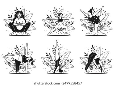 Diverse women doing yoga and meditation at nature in line art. Different females meditating and doing fitness exercises. Woman and girl practicing yoga, stretching and training at outdoor workout.