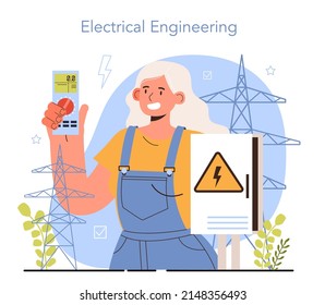 Diversas mujeres en tecnología ingeniera. Una ingeniera eléctrica diagnostica la transmisión de la red de suministro eléctrico. Elemento eléctrico de reparación de trabajadores profesionales. Ilustración vectorial plana