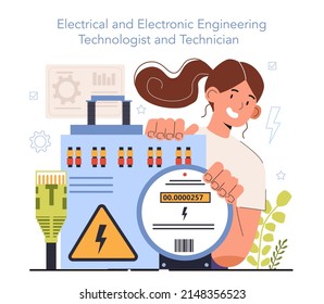 Diverse women in engineer technology. Female electronic engineering technician diagnose electricity power supply grid transmission. Professional repair electrical element. Flat vector illustration