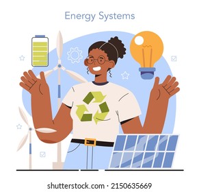 Diverse women in engineer technology. Female energy systems engineer study energy conversion and distribution systems, work to improve energy storage and manage its efficient. Flat vector illustration