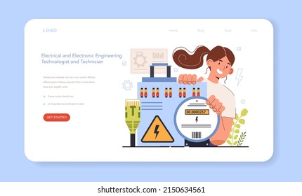 Diverse women in engineer technology web banner or landing page. Female electronic engineering technician diagnose electricity power supply grid transmission. Flat vector illustration