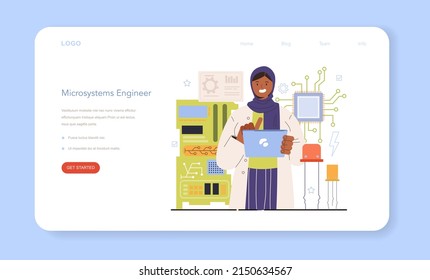 Diversas mujeres en el banner web de tecnología ingeniera o página de inicio. Ingeniería de microsistemas, investigación, diseño, desarrollo o prueba de dispositivos de sistemas microelectromecánicos. Ilustración vectorial plana