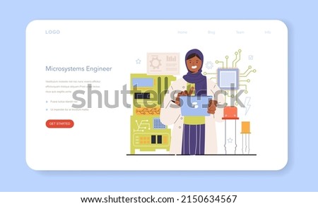 Diverse women in engineer technology web banner or landing page. Female microsystem engineer research, design, develop, or test microelectromechanical system devices. Flat vector illustration