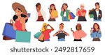 Diverse Women Enjoying Shopping, Holding Credit Cards And Shopping Bags. Cartoon Vector Image Showcases Happiness, Retail Therapy And Consumerism. Ideal For Topics On Lifestyle, Retail And Commerce