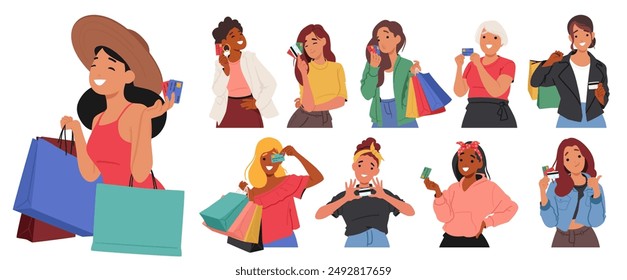 Diverse Women Enjoying Shopping, Holding Credit Cards And Shopping Bags. Cartoon Vector Image Showcases Happiness, Retail Therapy And Consumerism. Ideal For Topics On Lifestyle, Retail And Commerce