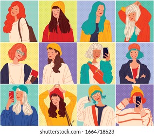 Diverse women faces background, women different style vector illustration