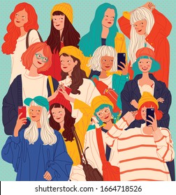 Diverse women faces background, women different style vector illustration