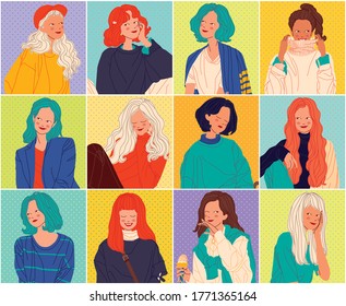 Diverse women faces background, women different style, vector illustration