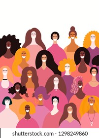 Diverse women faces background. Hand drawn vector illustration. Flat style design. Concept, element for feminism, girl power, womens day card, poster, banner.