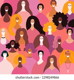 Diverse women faces background. Hand drawn vector illustration. Flat style design. Concept, element for feminism, girl power, womens day card, poster, banner.