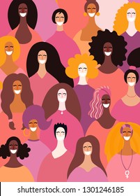 Diverse Women Faces Background. Hand Drawn Vector Illustration. Flat Style Design. Concept, Element For Feminism, Girl Power, Womens Day Card, Poster, Banner.