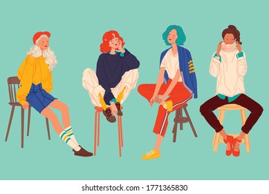 Diverse women faces, women different style, women sitting on chair, vector illustration