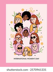 Diverse Women Faces Floral Poster Flat Illustration International Women’s Day