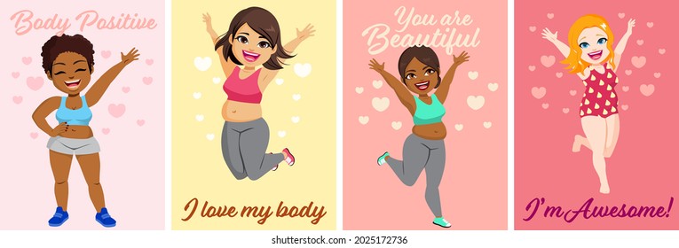 Diverse women feminism body positive vertical card designs love own figure concept