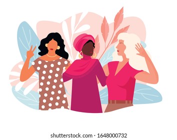 Diverse women friend group hugging together for feminist concept or womens right event. Modern young woman dressed in trendy urban fashion. Female team hug on isolated background with copy space.
