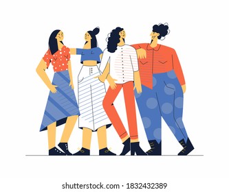 Diverse women friend group hugging together modern flat vector illustration. Female friendship or feminist activists. Girls dressed in trendy clothes. Cartoon characters isolated on white background
