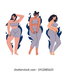 Diverse women in a gray bodycon suit. Young women of different types of figures against a background of blue flames. Vector set of pregnant and overweight women illustration isolated on white.