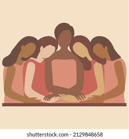 Diverse women group hugging. Hand draw vector illustration. women’s day,empowerment, feminist concept.