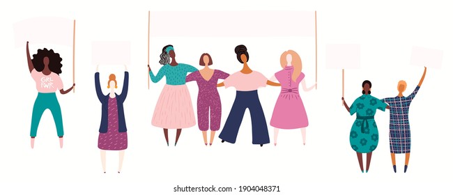 Diverse women group on a protest, holding different placards, banners with text space. Hand drawn vector illustration, isolated on white. Flat style design. Concept for feminism, gender equality.