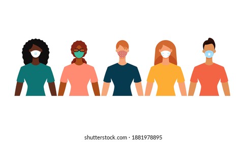 Diverse women group in protective face masks during the epidemic. Social distance, quarantine concept. Flat design vector illustration.