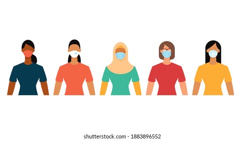 Diverse women group in protective face masks during the epidemic. Social distance, quarantine concept. Flat design vector illustration.