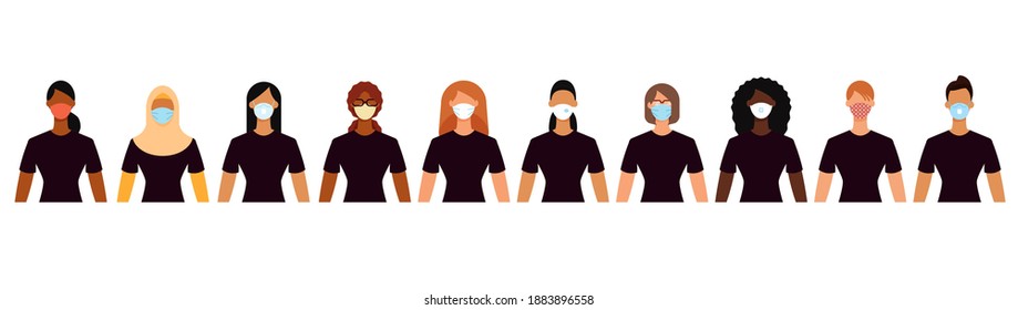 Diverse women group in protective face masks during the epidemic. Social distance, quarantine concept. Flat design vector illustration.