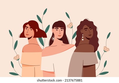 Diverse women group. Vector illustration of cute multicultural women standing back to back on simple background with flowers. 