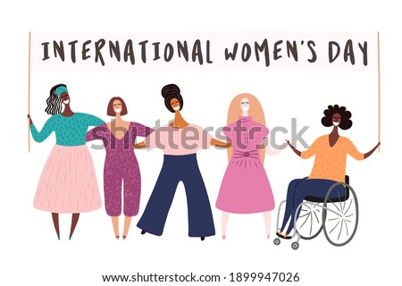 Diverse women group, woman in a wheelchair on a protest, holding banner with copy space. Hand drawn vector illustration, isolated on white. Flat style design. Concept for feminism. Female characters.