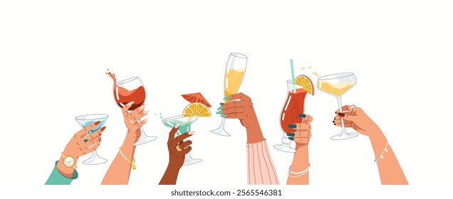 Diverse women hands cheering cocktails flat color vector illustration. Ladies raising wineglasses to clink at festive party cartoon composition on white