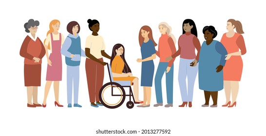 Diverse women healthy and disabled black and white standing together for feminism, freedom, independence, empowerment, women rights, equality